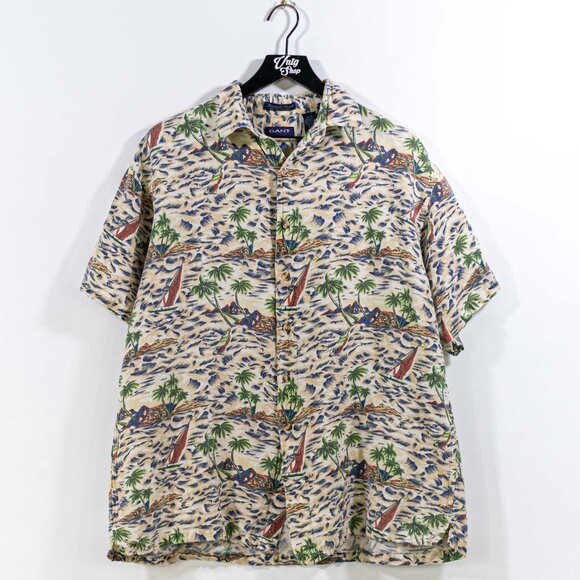 GANT Tropical Print Hawaiian Shirt XL Linen Rayon Y2K Vacation Resort Preppy - Picture 1 of 5